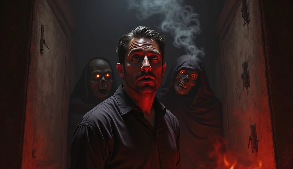 Visions of demons or sinister figures around Elias, a 45 year old man, that has hair, barely visible in the shadows.] Create an image for a graphic novel 