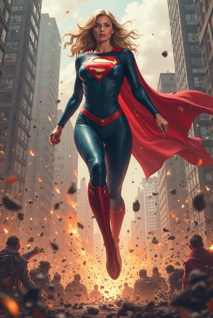 A SEXY BLONDE SUPERGIRL FREE FALLING, CRASHING INTO THE GROUND WITH TREMENDOUS FORCE, CREATING AS MASSIVE CRATOR.