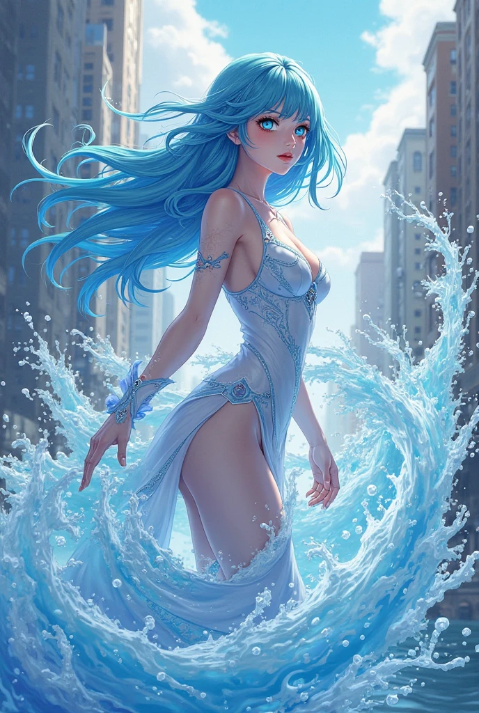 1girl,solo,light_blue_hair,liquid hair, long hair, standing, liquid clothes, long dress,  <lora:LiquidClothesV1:1>,outdoors,cityscape, large breasts, water,standing,lifted by self, cleavage,