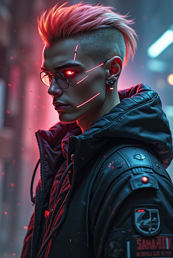"dark theme :: closeup face focus, ultra realistic futuristic cyberpunk muscular male white hair sitting :: cyberpunk face (cyber eyes) :: cool cybernetic punk jacket red neon eyes :: shirtless:: mechanical intricate mask :: natural lighting :: bokeh :: 8k :: best quality :: masterpiece :: futuristic cityscape background"