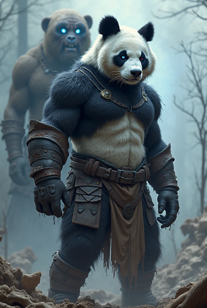 flaming red fierce eyes looking at viewer panda face and texture with a fierce and ready to kill expression