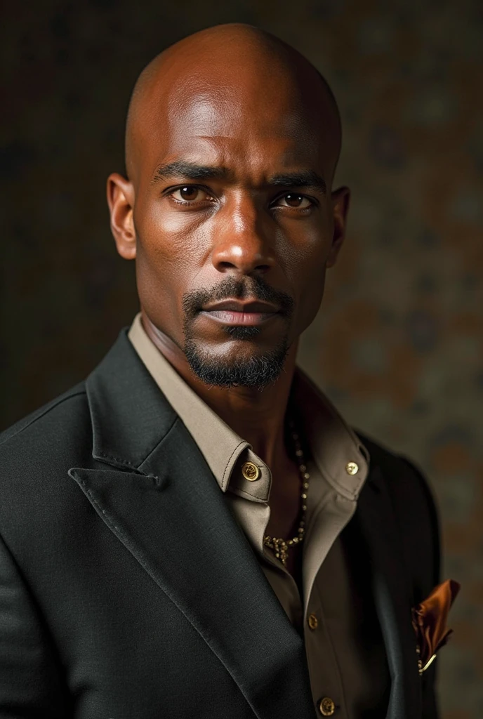 <lora:rhyheimsv3:1> rhyheims, black man, bald, dark skin, brown eyes, professional studio quality modeling headshot, 4K, simple dark background, dramatic lighting, neutral expression, realistic skin, fine detail, shirt, ultra realistic photograph, professional photograph, by Gucci photographer.