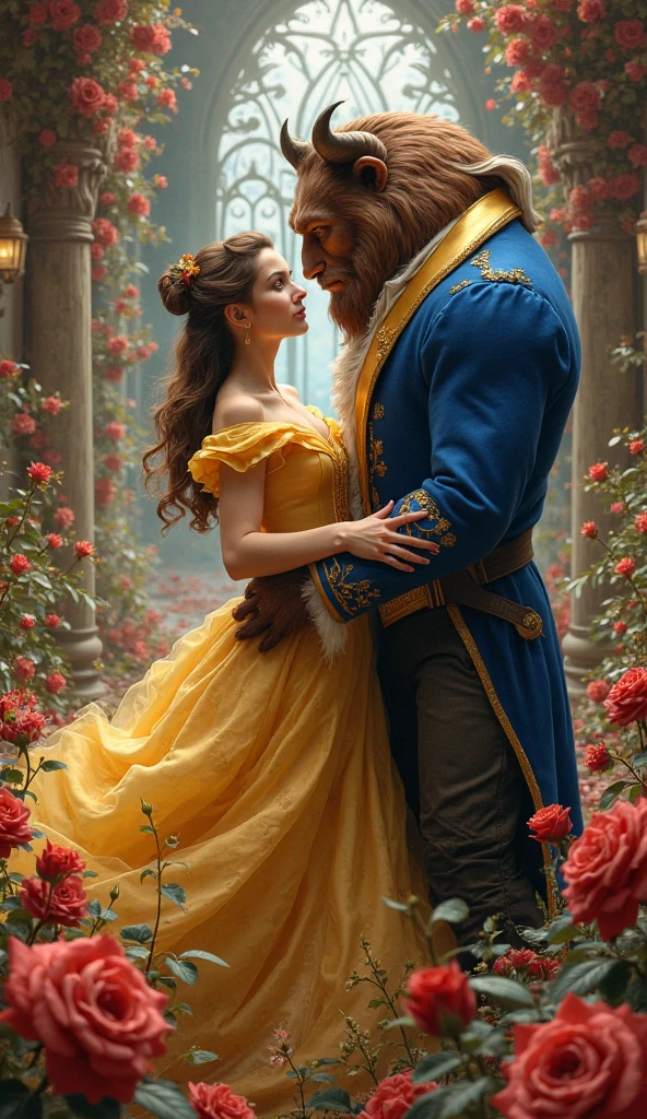 A stunning portrait of Belle from beauty and the beast, The beast is holding her, She is pregnant, holding her belly, location is Gothic Castle, young and beautiful, hyper realistic, real portrait, backlit, exquisite features, cleavage, sexy, seductive, natural light, soft light, nine months pregnant, large belly, embodiment of love, bare belly, the beast is massive