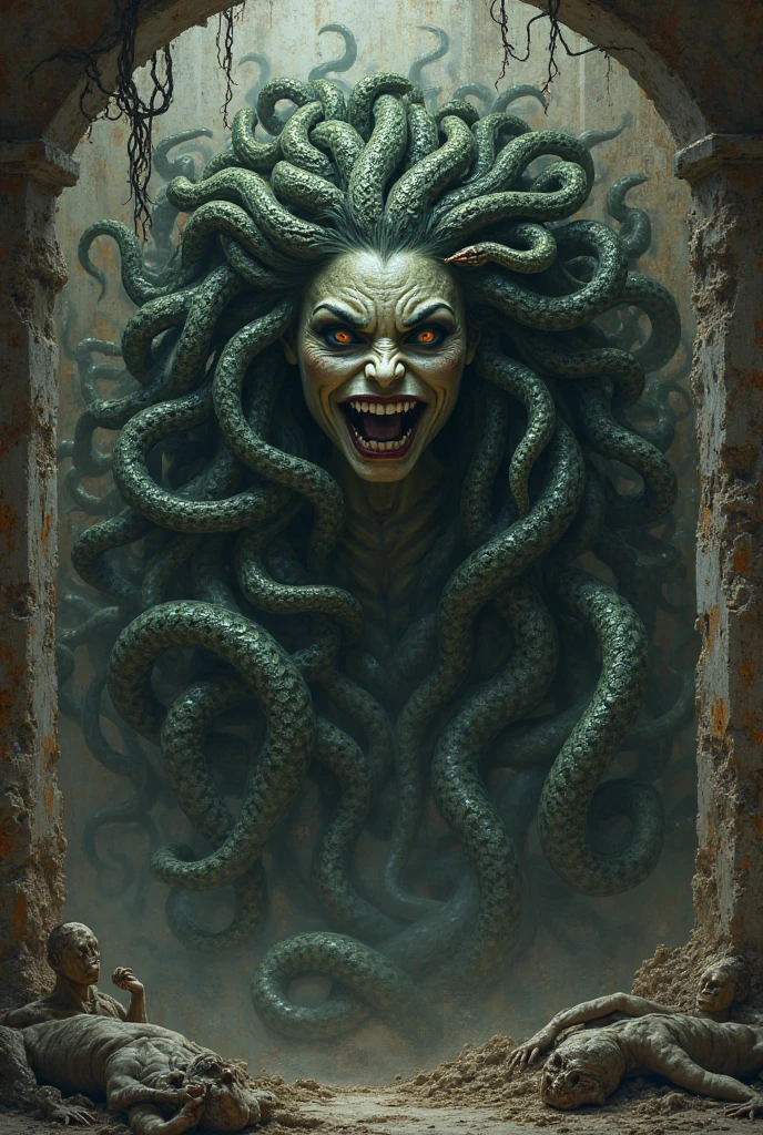 claymation, Gorgon: Snake-haired, Petrifying, Serpentine, Monstrous, Medusa-like, Stone-gazing, Cursed, Serpent-headed <lora:CLAYMATE_V2.03_:1>