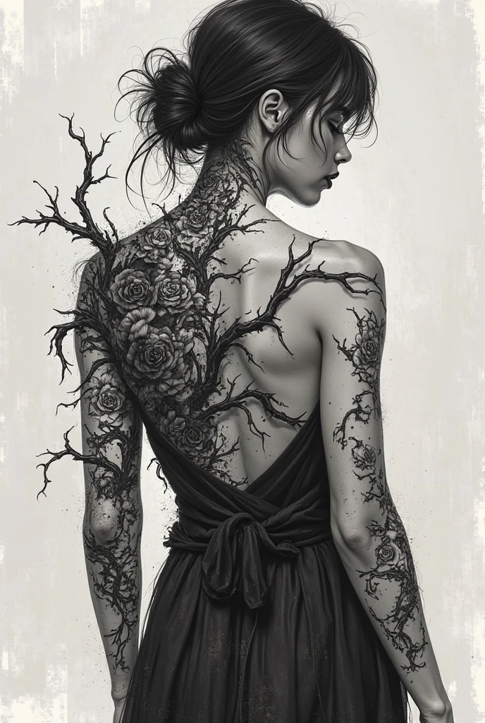 back of a woman with a flowery back, thorns surround her body, by Ivana Kobilca, inspired by Katia Chausheva, rear view, by Eugeniusz Zak, back and white, flora borsi, bare back, inspired by Irakli Nadar, by Anna Boch, by Katia Chausheva, Dark and intricate photography, black and white photography.
