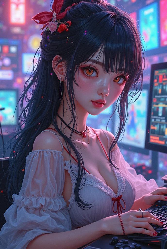 girl in extreme pain in red dress, holding her head with both hands while sitting at the computer desk surrounded by social media icons such as Facebook and Instagram on the screen, The background color should be red to emphasize focus