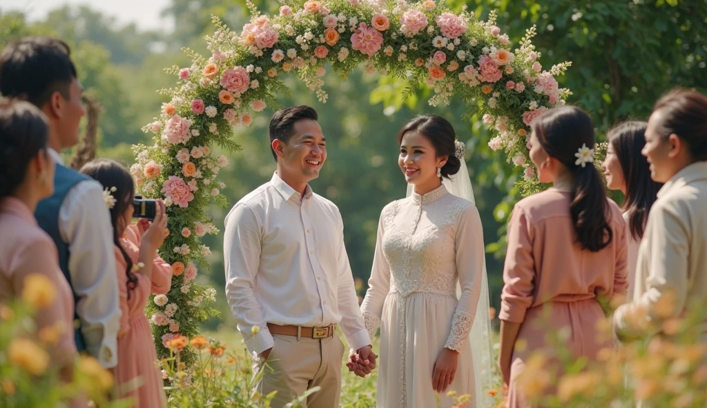 there are two people standing next to each other in front of a floral arch, backdrop, ornate and intricate backdrop, ruan jia and brom, lovely couple, bride and groom, foreground background, luxurious wedding, full body photogenic shot, wedding, in front of white back drop, cover shot, wedding photo, sukhothai costume, in style of thawan duchanee
