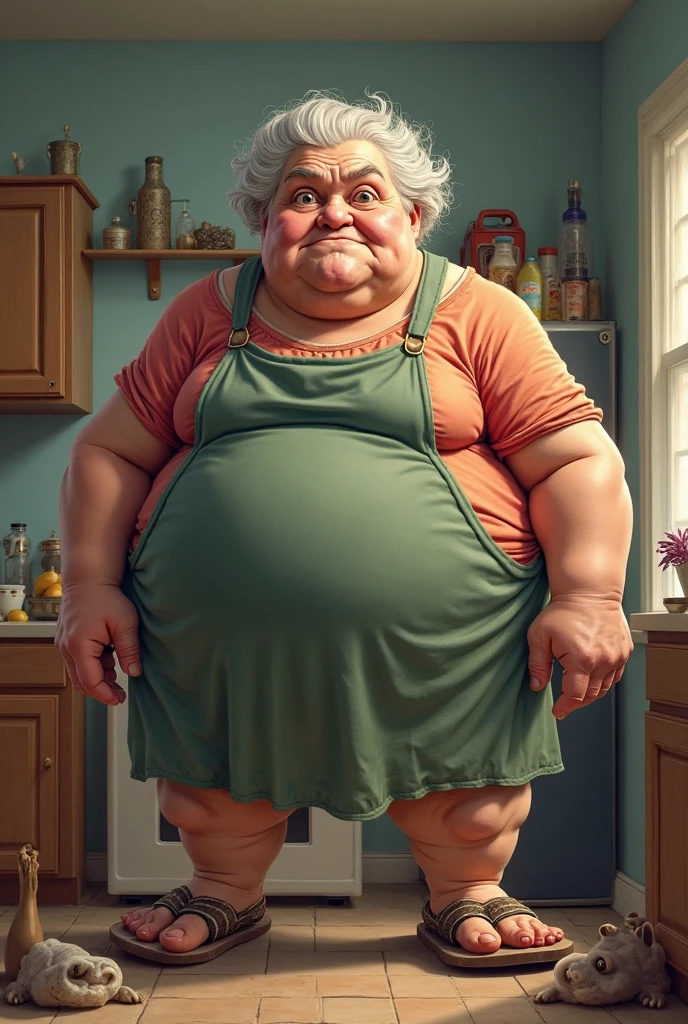 highly detailed photo, sharp details, realistic, 4k RAW, photo, <lora:Doudou:1>, furry, female, (thick thighs:1.3) (wide hips:1.4), (cellulite:1.1), (large boobs:1.3), wrinkles, elderly, purple dress, red cheeks, big belly, ass, navel, (big ass:1.3), solo, blue dress, apron, glasses, orange hair updo, low angle, looking at viewer <lora:BGV5EX:1>