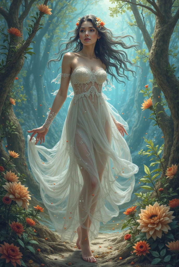 Full body, EVA Rapunzel girl with graceful figure with black hair in the Garden of Eden, girl's body sexy, legs long and graceful, graceful ankles, in the background tree of life on which serpent tempts and red apple of life knowledge, serpent tempts girl, photorealism, super detailed, site 500px, contrast lighting, outline around girl, fill light is soft, 32k