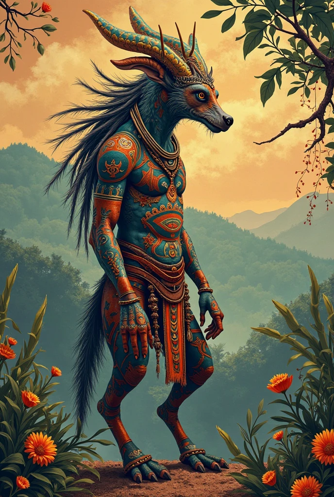 Make the god Quetzalcoatl a human with a crest covering his eyes and with orange and blue feathers., Also, he has a short beard , her brown skin, with a muscular body and an Aztec bracelet on each arm resting on a rock at night with bright stars , and an orange moon and a mountain and a river in the background having a conversation with a rabbit that is eating grass 