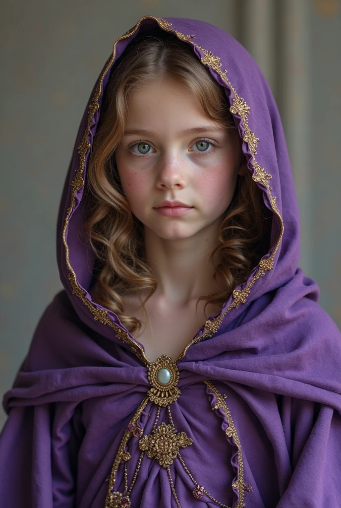 girl,of fine and delicate beauty. very thin and small, with big purple eyes and porcelain skin so light it was almost translucent.
Dressed in clothes from 1530,pale purple,use a thin tiara with a veil