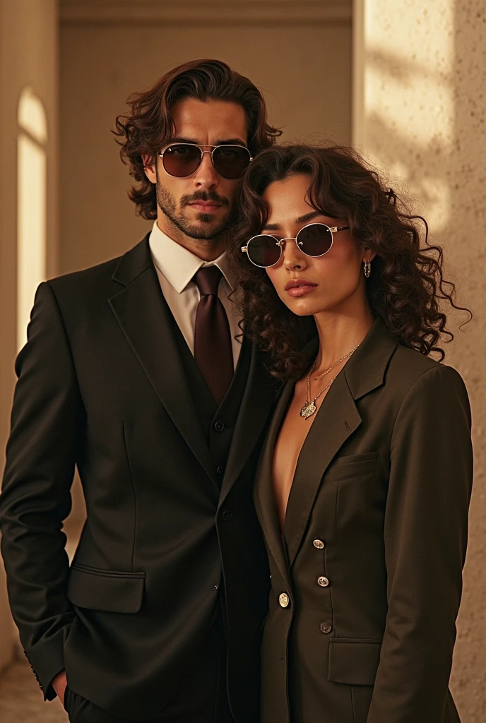 A imagem mostra um homem e uma mulher lado a lado, posando para uma foto. Woman is wearing a red blouse, While the man is dressed in a purple shirt. They both wear glasses, being the most prominent woman's glasses. The man is also wearing a necklace. they are close to each other, possivelmente como um casal, e parecem estar aproveitando o tempo juntos.