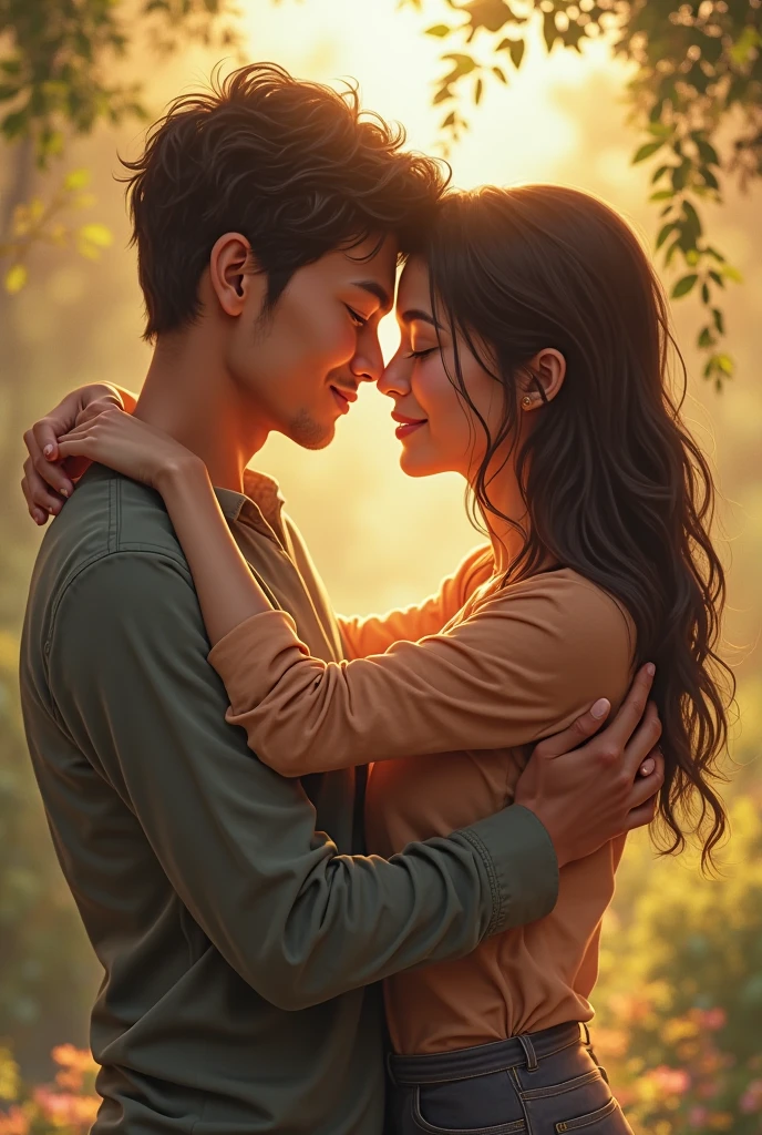 Young couple: 2 man and 1 brunette woman