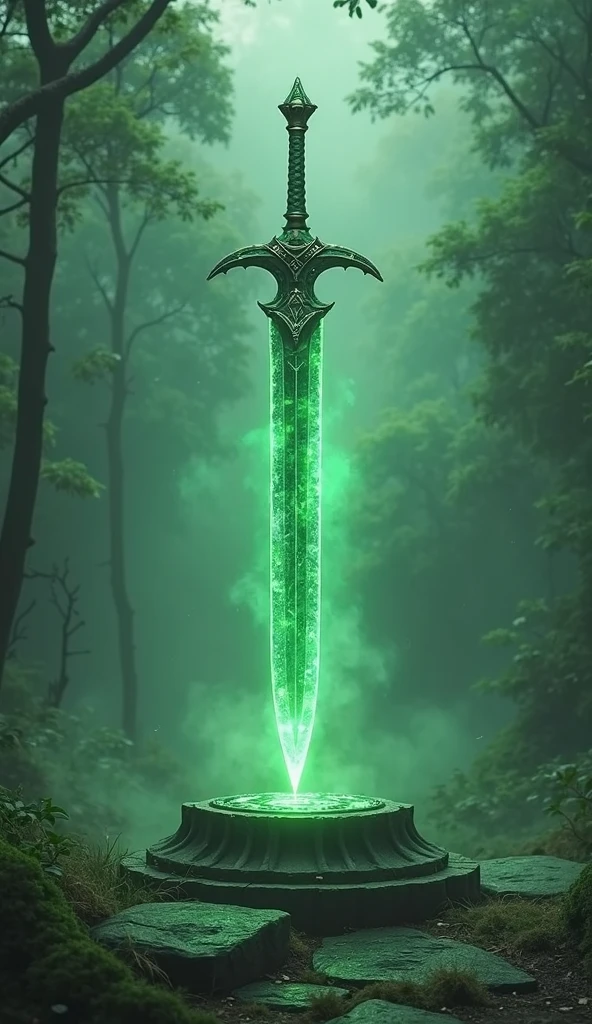 A two hands sword in a stone pedestal with a large and long blade made of emerald at the centre af a glade in a foggy green woods. A ray of light is lighting the blade of the sword 