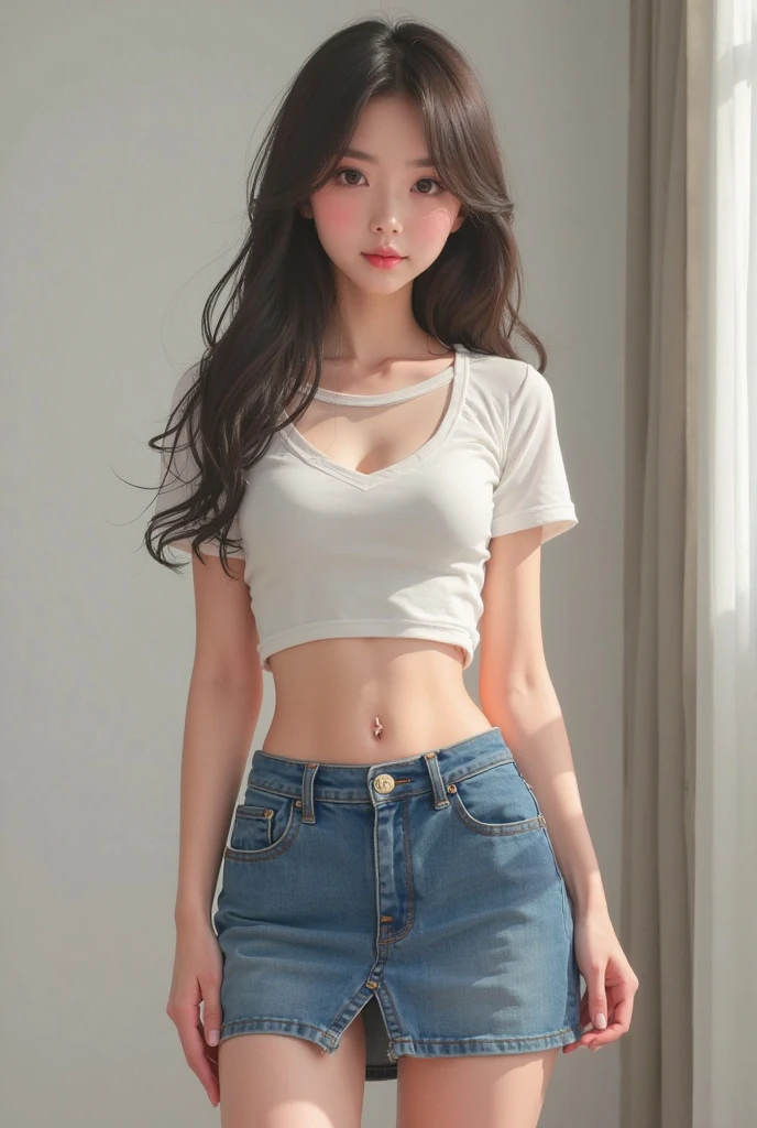 arafed asian woman denim skirt and tight tshirt posing for a picture, photo of slim girl model, extremely thin waistline, long sultry body with sexy belly, 2 4 year old female model, ((huge breasts|tight white tshirt)),  ((tiny denim miniskirt)), beautiful alluring teen, model with attractive body, gorgeous young korean woman, gorgeous young model, young sensual graceful, gorgeous chinese model, ((curly bangs)), ((very dark short hair)), ((black hair in a rough shag)), wavy hair, (masterpiece:1.3), high resolution