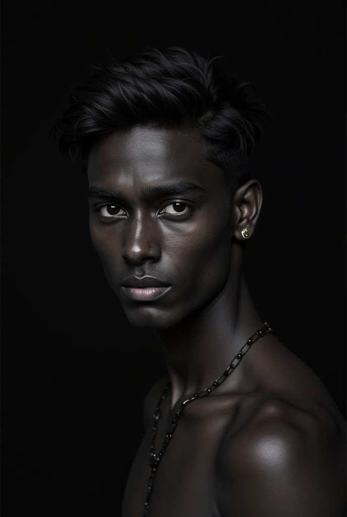 boy, dark-skinned, defined muscles, White hair, red eyes and a scar in the corner of the mouth