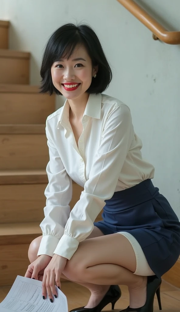 (masterpiece:1.2,8k, raw photo, ultra quality), absurdres, (photo realistic:2), high detail raw color photo,skiny skin, professional photograph,((best quality))、A very beautiful Japanese office lady、pencil skirt、dress shirt、pointing、upskirt、White panties、evil grin、smiling at viewer、Please put your feet up、short hair、Gray background、Sit on a bench、Front Light:1.2