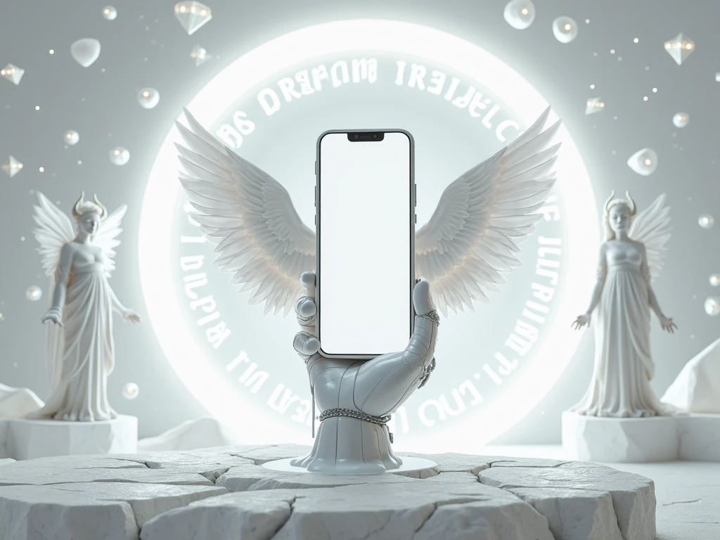 Greek god type statue with an iPhone in his hand that can be read North Star on the back of the Black and White Type 8K phone