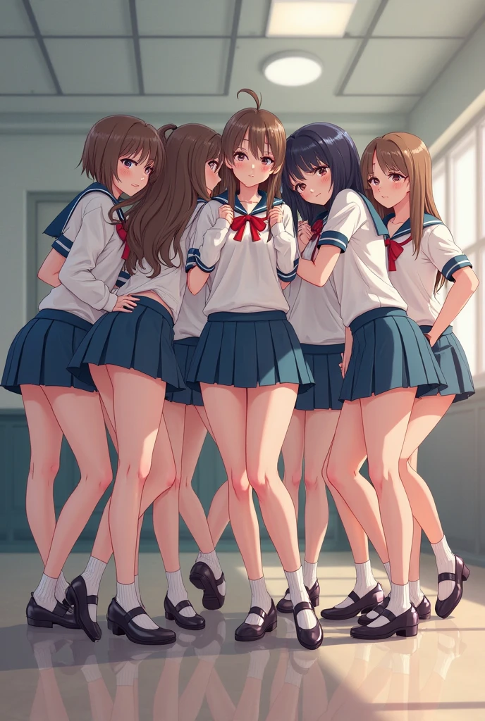 ((masterpiece, highest quality, High resolution, 超High resolution, Perfect Pixel, Depth of written boundary, 4K, RTTX 10.0, High resolution))), (Five adult women:1.3), Beautiful Anime Woman, Beautiful art style, Anime characters, ((Long Hair, bangs, Dark brown hair, Various hairstyles)), ((Beautiful eyelashes)), ((Detailed face, blush:1.2)), ((Smooth texture, Realistic texture, Anime CG Style)), Perfect body, Slender body, Exact finger count、Exact number of legs、Exact number of arms, (blush:1), (The five women are standing side by side, lifting their skirts to greet the crowd.:1.2), ((Fashionable white shirt, Sailor collar, mini skirt, Knee-high socks, loafers: 1.2)), (Lift up your skirt yourself:1.1), Realistic, (Slender body:1.1), highest quality, High resolution, Very detailed face, Perfect lighting, Extremely detailed CG, (Perfect hands, Perfect Anatomy), Embarrassed expression, (School classroom, Blackboard background:1.3), Morning sun-like lighting, whole body, ((Stylish and y shiny satin pantylish lace side-tie panties, Wnties, Pink Panight blue pant)), Angle from the feautiful and thin thighs:1.1),NSFW,masterpiece