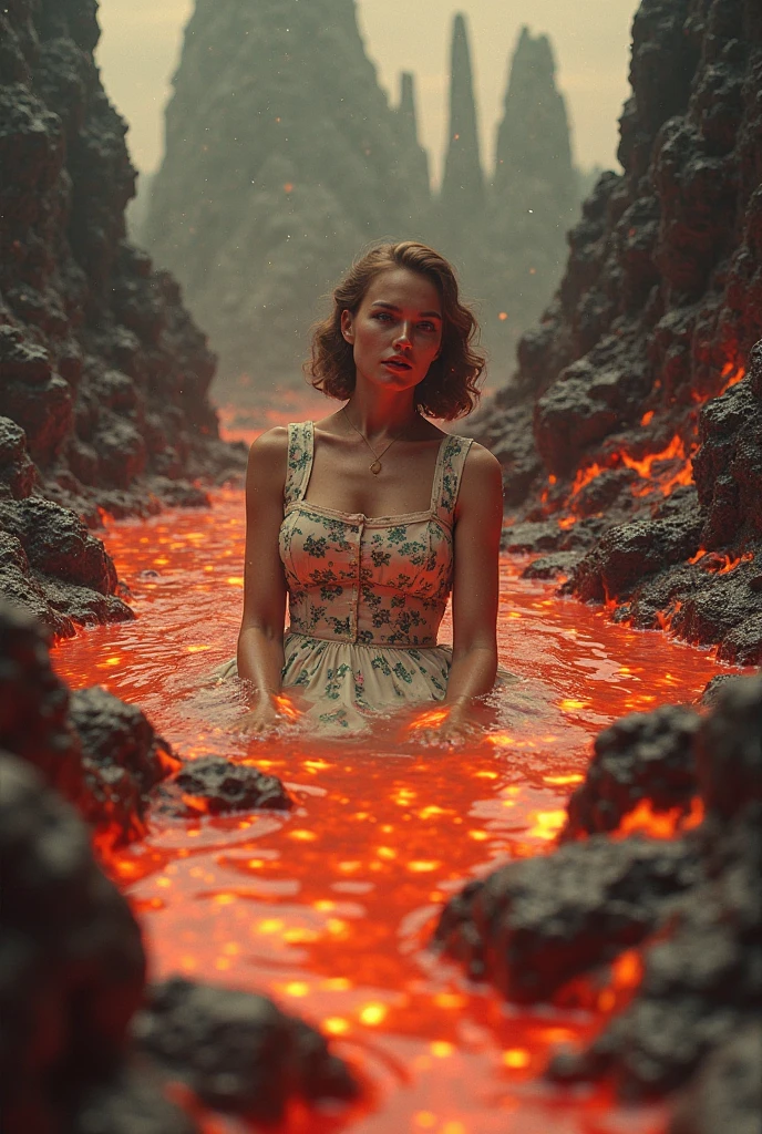 A woman walking on a path where the ground is volcano fire with lava and the sky is red and full of red lightning and the woman&#39;s clothes are half naked and the place is full of skulls and the woman is going backwards (Fantasy Art)