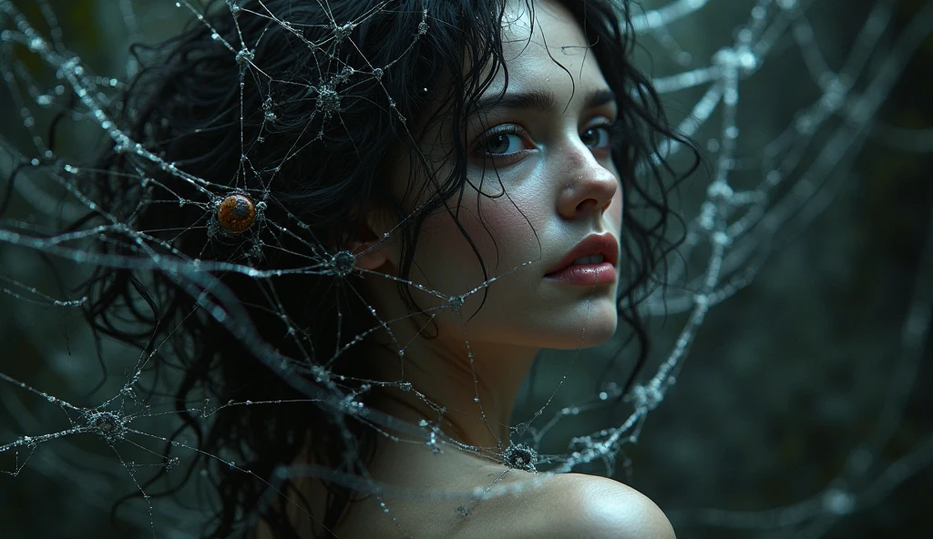 A beautiful brunette woman, trapped in a giant spiderweb