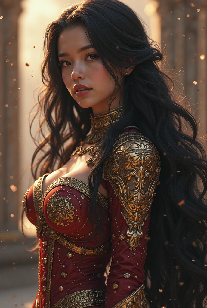 Photograph of a woman. Natural skin, long and voluminous hair, sharp eyes, a thin and upturned nose, shapely lips, an hourglass body shape, typical clothes and makeup, intricately maximalist-detailed, vibrant, epic, smooth, cinematic, 4K, backlit, and a shallow depth of field.
