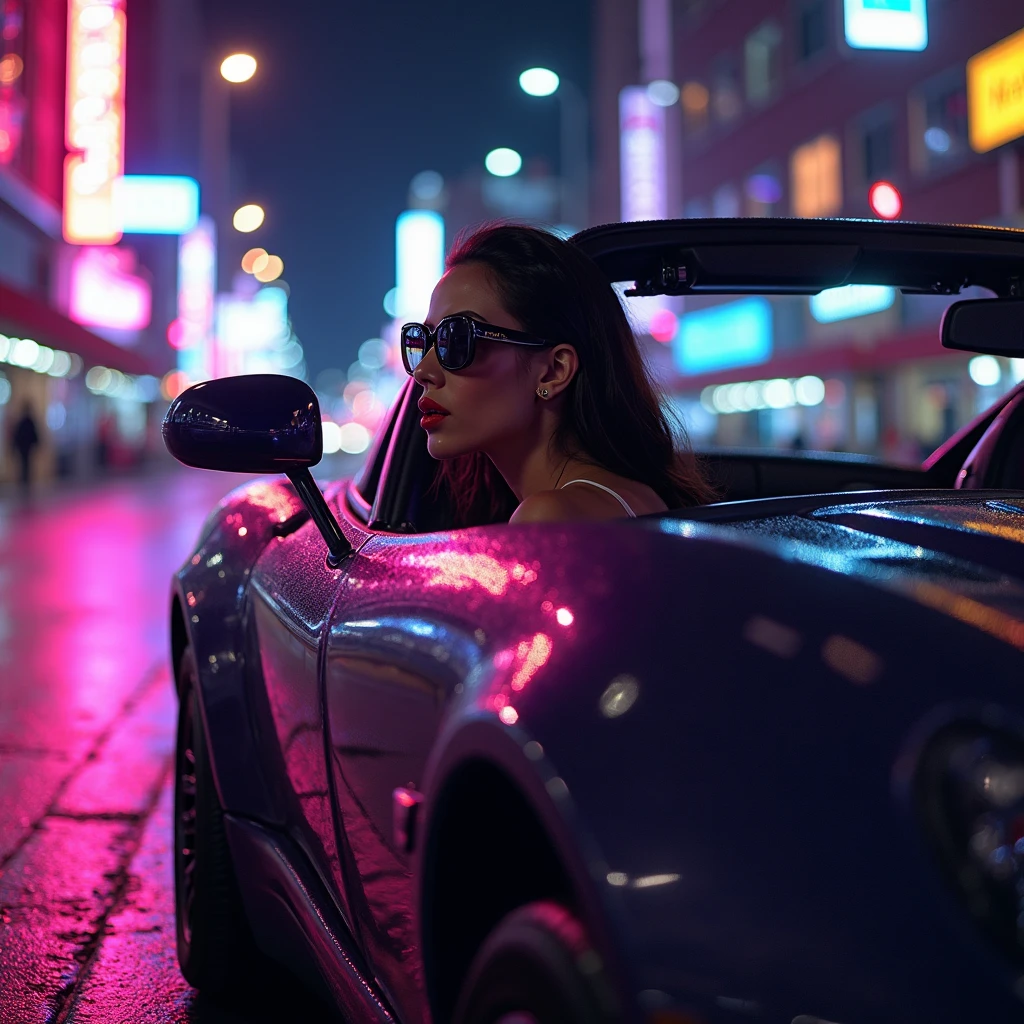 Envision a glamorous night where a beautiful woman, donned in a shoulder-less party dress with clip-in bangs and a great physique, takes the wheel of a sleek Black Ferrari. Navigate through the vibrant city streets, alive with people and framed by towering skyscrapers. Capture the moment from a high-angle perspective, directly above and in front of the woman, as she confidently drives the open-roof Ferrari. The city lights cast a shimmering glow, reflecting on the car's polished surface, while the bustling street below sets the stage for an unforgettable night. Craft a real-life scene in high-definition, emphasizing the fusion of elegance, power, and urban allure. This prompt invites you to create a visually stunning tableau of a woman in her element, driving through the city in style under the midnight lights.