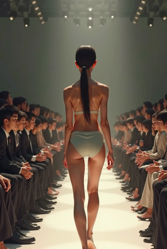 High-definition full naked ass body of a handsome teenage Korean boy, 19 years old, standing with his back to the audience, revealing his naked silhouette under the moonlight a group of people in crisp white shirts, black shorts blurred in the background turned to face looking this boy.,resembling a dreamy, ethereal Tim Walker photoshoot.
