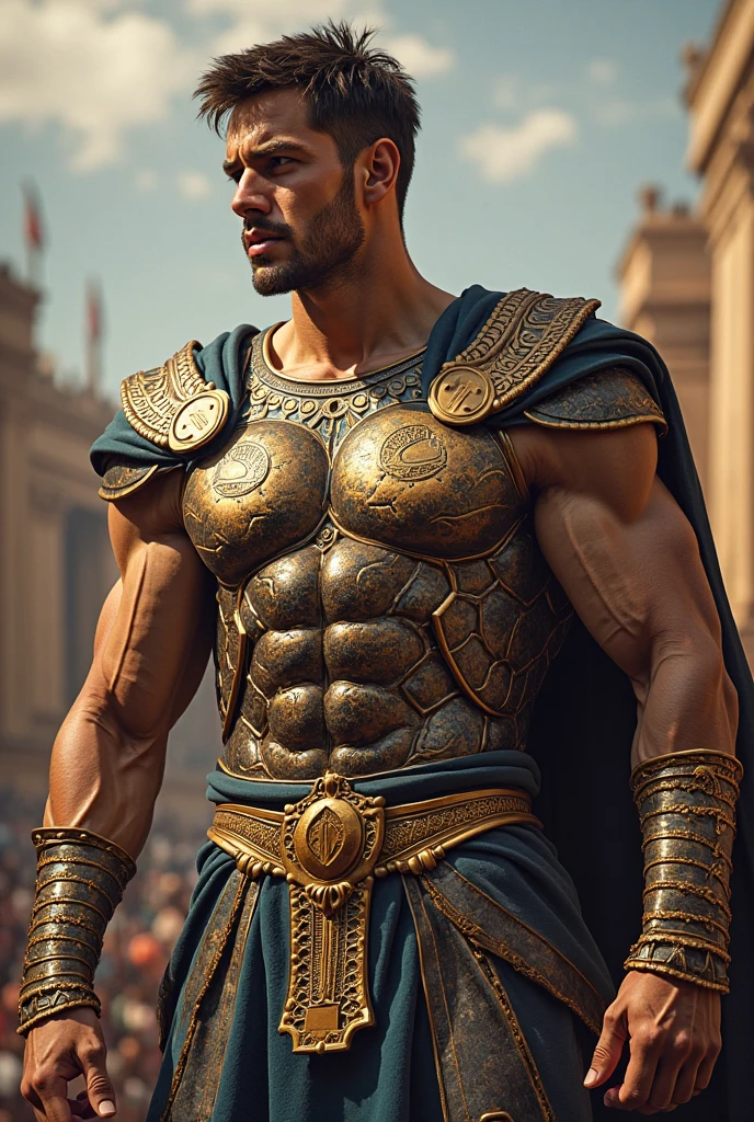 a gladiator standing in front of a temple,dark style, darkness, fantasy, gothic, horror,