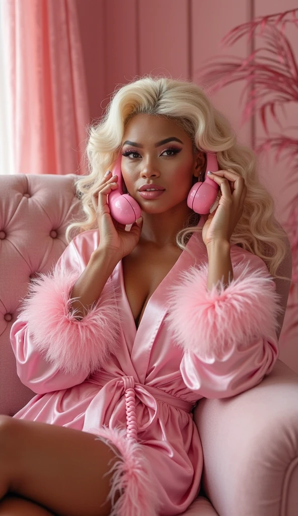 Beautiful black Woman, Young, Wearing a Pink long Ponytail Hairstyle, wearing a Gucci designer Dress, wearing Gold Jewelry, wearing designer heels, in a bedroom, packaging clothes in a Suitcase.
