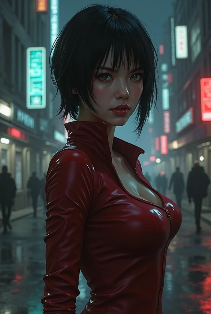 one asian girl, (ada wong:1.3), solo, slender body, (upper body, bust:1.2), black eyes, black hair, (bob haircut:1.2), (yukata, small breasts, cleavage, deep cleavage:1.3), masterpiece, highly detailed, look at viewer, (dark sky, rainy night background:1.2), (rain:1.3), (heavy rain:1.3), (water on the body:1.3), lightning in skies, lightning