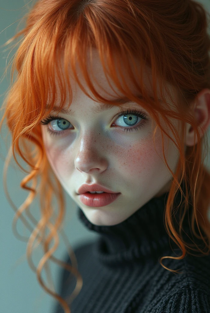A red-haired girl with freckles all over her face. His left eye is red and his right eye is black. The girl is 15 years old.