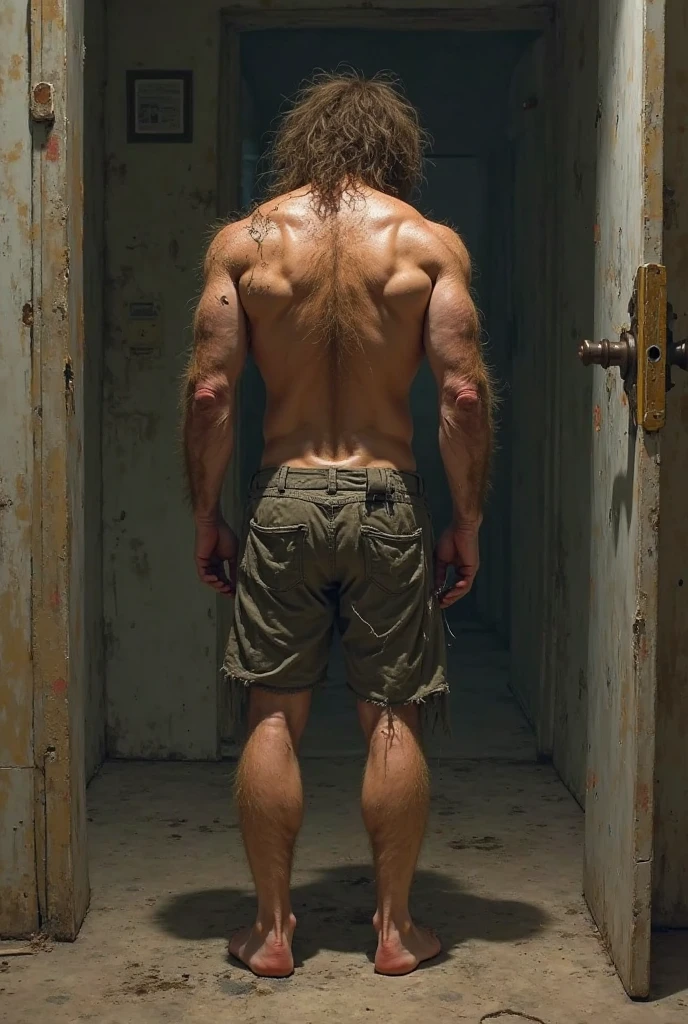 Um homem, cabelos castanhos, baggy pants, bare-legged, costas curvadas