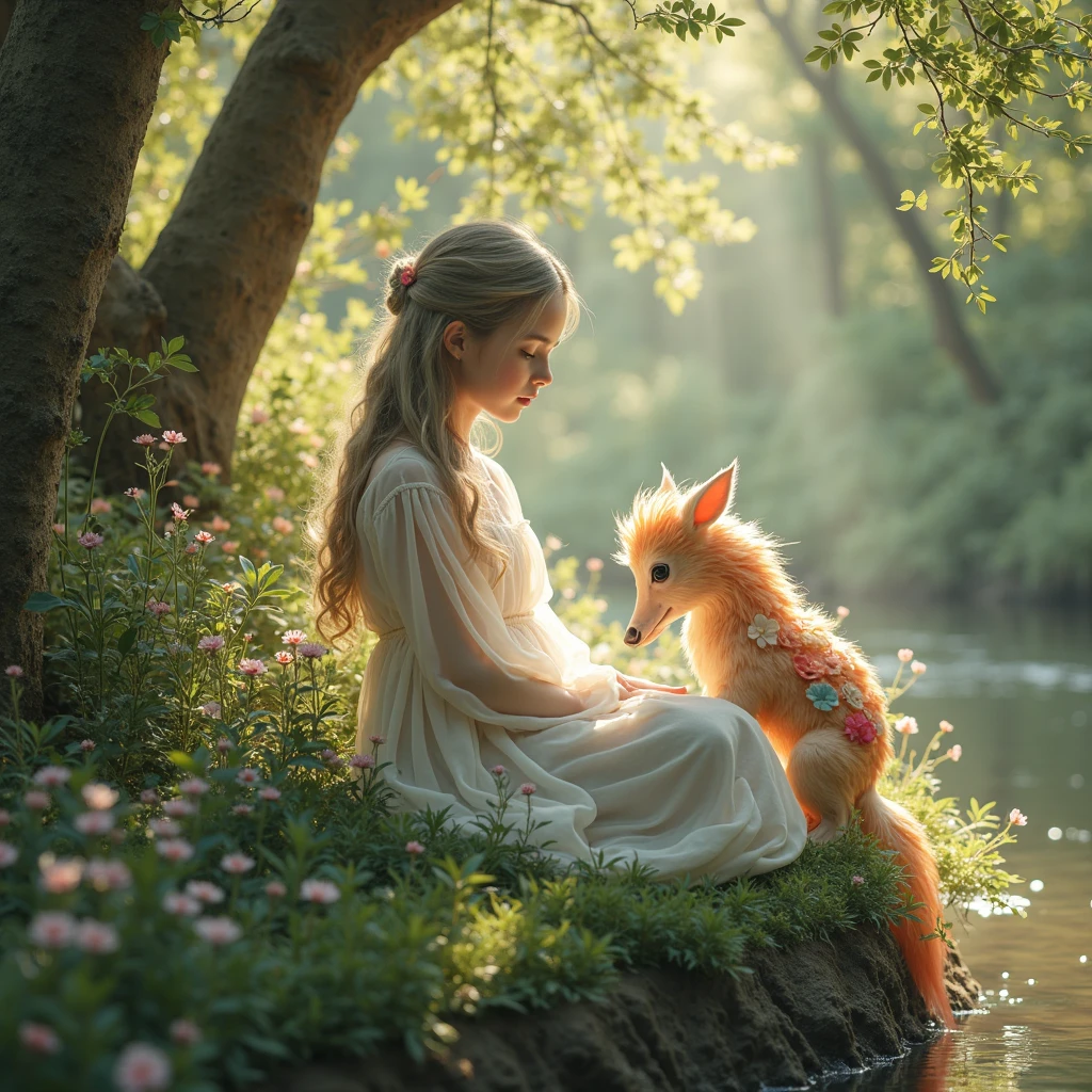 Professional, high-quality photos, 4K resolution, Captures in realistic detail an attractive girl wearing fluffy white pajamas with ears and foxtails.. She is sitting in the middle of an enchanted forest, Where every element is perfectly expressed. The texture of pajamas, Ears and tail are sharp and palpable. Sunlight falls on the leaves and gently illuminates the girl&#39;s face., Emphasizes each delicate and attractive facial expression  