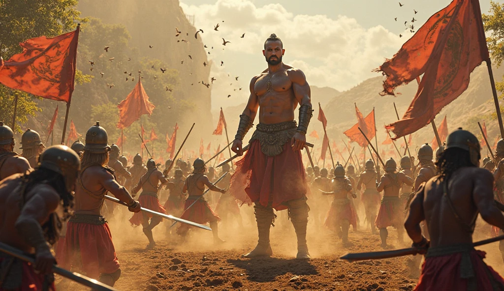 An Inca tied against a burning tree and all the soldiers present
