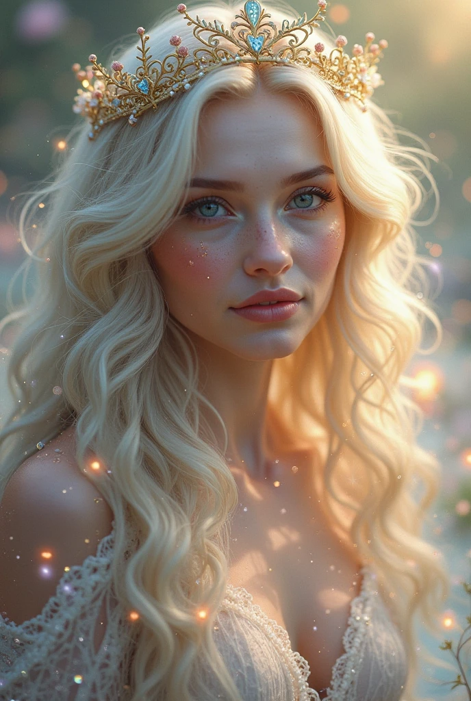 a girl with long white hair, White skin, Red eyes, In a forest of movie lights, Darkness and Low Light, She wore a white dress with gold accents, Her eyes are focused, Looking at the audience, Fair skin, Exquisite and flawless face, Artwork of the highest quality, art film lighting, film tone, neutral filter, multicolored hair, colored inner hair, tiara, fangs, fingersmile, Gothic art, cinematic lighting, first-person view, cowboy shot, masterpiece, 8k, UHD, retina, accurate, anatomically correct, textured skin, award winning, super detail, best quality, 8k