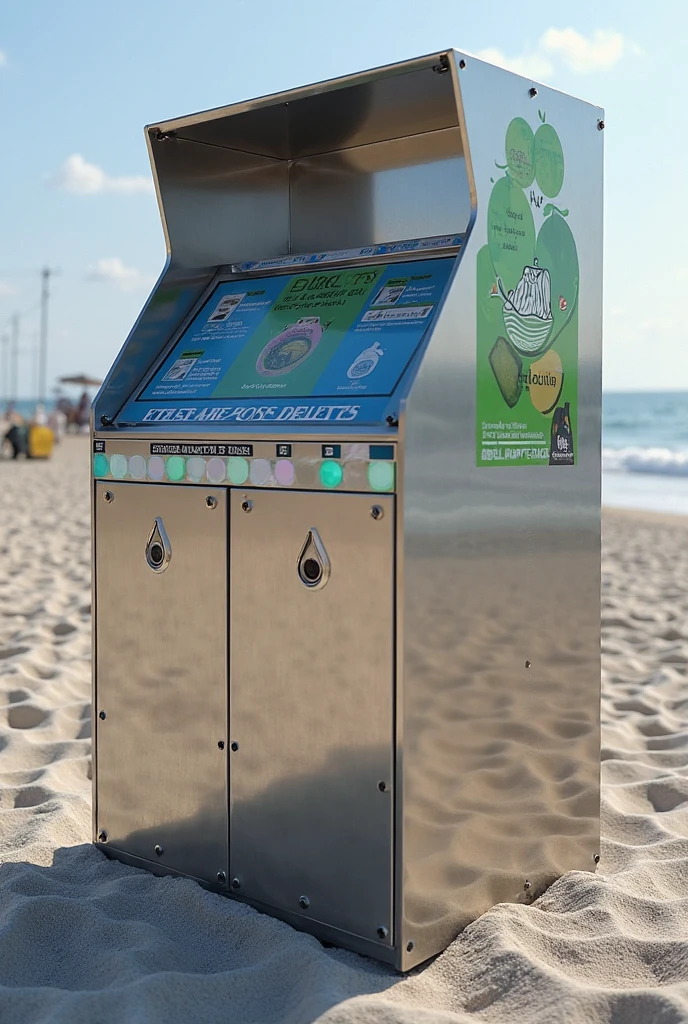 a smart trash can, with compartments, It has a rectangular shape, therefore, very large in silver color and made of steel with acrylic, made for outdoor environments only, therefore, staying in the place of the landfills, it has a display and a control sensor. Que ela seja bem realista e seja lots, lots, lots grande e esteja na areia ou no calçadão da praia
