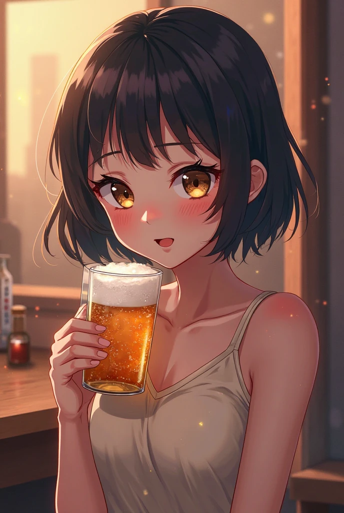 masterpiece, best quality, very aesthetic, absurdres, newest, asymmetrical bangs, tareme, 1girl, solo, breasts, looking at viewer, blush, drunk, open mouth, brown eyes, shirt, black hair, hair clip, short sleeves, holding, sitting, collarbone, white shirt, upper body, food, indoors, medium hair, :o, cup, table, bottle, holding cup, alcohol, mug, beer, beer mug, bar \(place\)