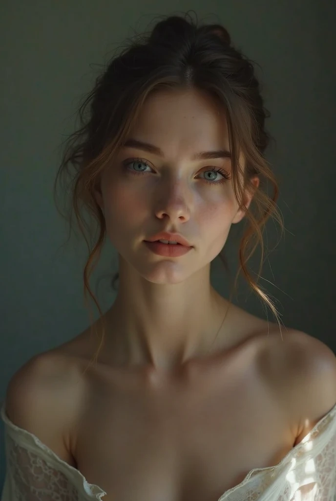 A curvy young woman poses on a quiet bathroom . The girl has extremely detailed eyes perfect eye , beautiful lips, long eyelashes and perfect anatomy. Her fragile body and hands are worked out to the smallest detail, with realistic, photorealistic and the highest quality rendering. The lighting is Rembrandt-esque, creating a dramatic, masterpiece scene. She has a European appearance, with a cute oval face, messy bun hair red hair and huge breasts. The woman poses in a retro style, looking like a high quality work of photographer David Dubnitsky. Her pale skin shows pores and moles, and She removes the short shorts and exposes her bare pussy. The scene was shot on a DSLR camera in 8K UHD resolution, with soft lighting and film grain.topless nude