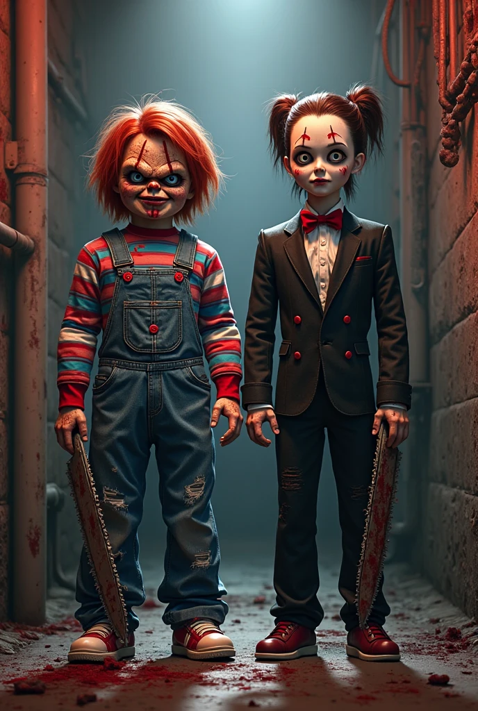 Chucky and Tiffany Ray fictional horror characters with knives in hand