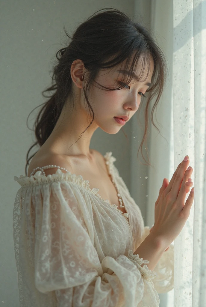 Best quality, masterpiece, ultra high res, (photorealistic:1.4), raw photo, (Authentic skin texture:1.3), (film grain:1.3), panorama, character portrait, very wide shot, narrow waist, cowboy shot, (in the dark, deep shadow, low key, cold light,) night, close-up, streaming tears,
indoor, dust, Tyndall effect, sad, disappointed, gloom (expression), sitting, (against wall), crying, frown, (head bowed), nervous, tearing up, lonely,
1girl, beautiful detailed eyes and face, white jabot, off shoulder, brown eyes,
