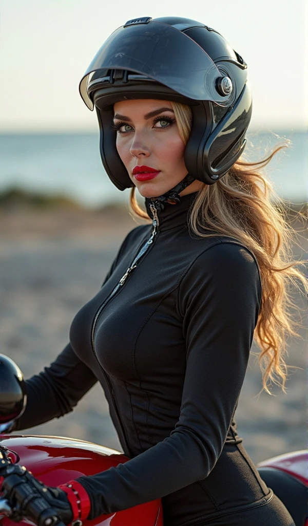 Full body misterious completely hidden face and mouth by biker full face helmet over head, mouth and nose, white skin latin woman, 5'7" tall, medium lush black hair, deep green eyes, wearing zip up dark blue quilted down nylon jacket with golden buttons, closed zipped up gray hoodie jacket under nylon jacket, black bell bottom pants, rolled up sleeves, zipping up jacket, up collar, cleavage, red and black plaid formal button down blouse under hoodie jacket, happy smile, walking on the beach, high hill sandals, summer sunny day, bag, watch and bracelet, neck chain, ear rings, crossing arms, with 2 female friends in bikinis