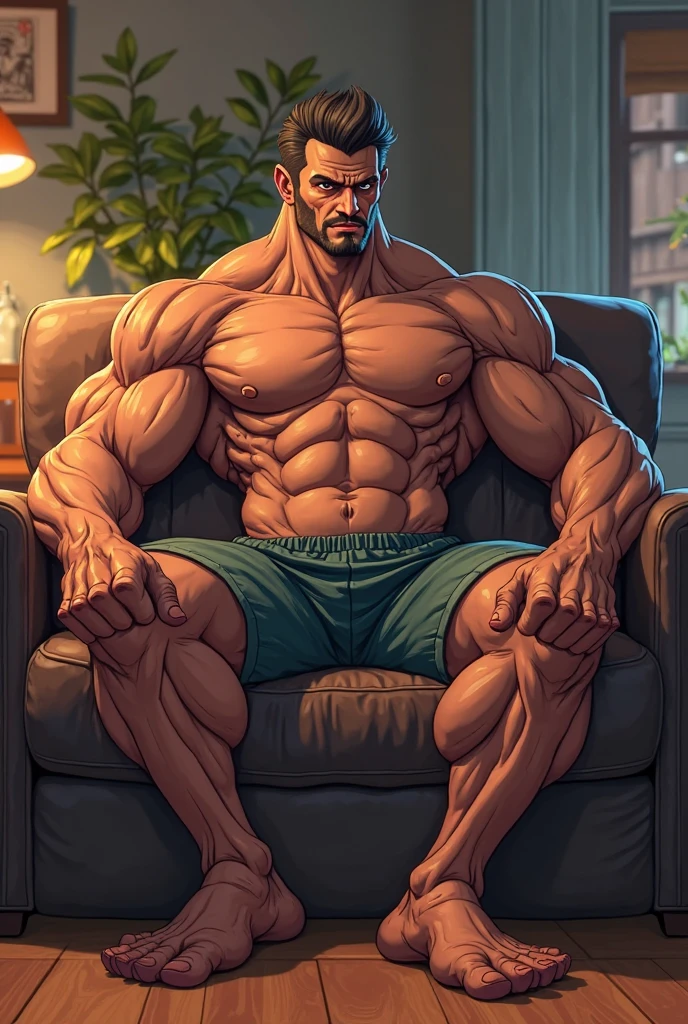 A large, muscular middle-aged man sitting on the floor with his legs crossed