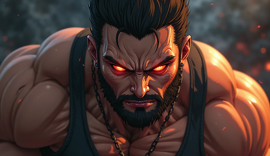 a super strong game boss extremely muscular, angry expression sinister very bad,