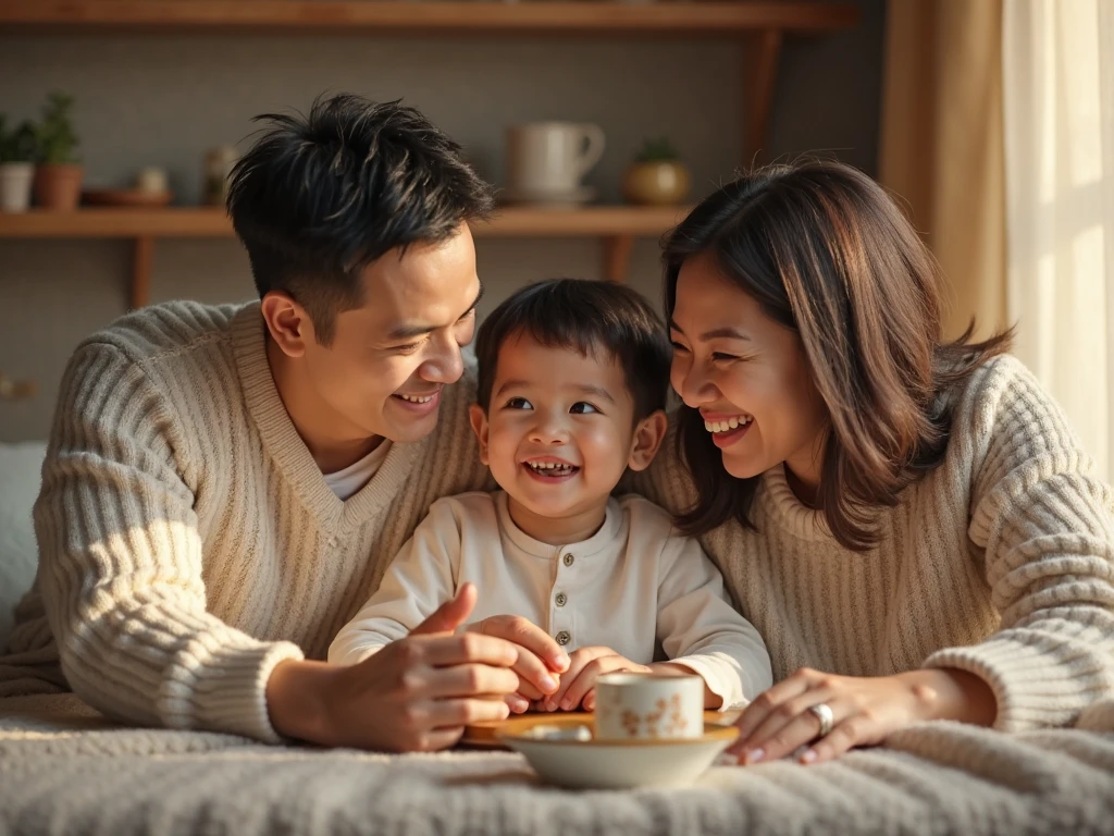 an indonesian baby celebrating her 6 month old age, sitting in a baby chair receiving her first solid meal. Look happy and delightful. her parents look surprised standing at each her side. Photo realistic UHD image