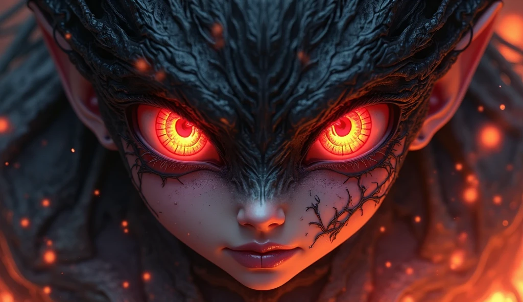 Blacklight painted on a demoness face, closeup blacklight, busty, lace panties, epic lightning flashes, 
masterpiece, highest quality, dragon queen, bright red glowing eyes, detailed eyes (1.4), scars on face, villainous expression, flaming skin body with bioluminescent glowing pattern, ready for battle, blurred stormy background, dark atmosphere, lighting in background,full body,