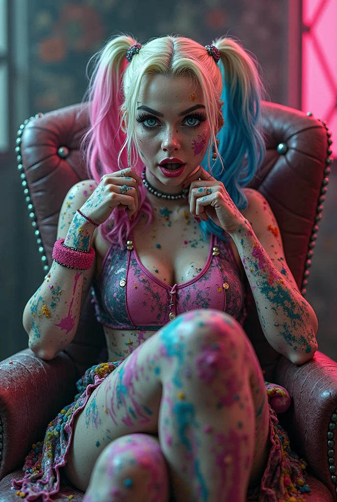 Cinematic image filmed from below of Harley Quinn with colorful hair and big breasts. She is wearing a leopard print lace bra with a pink bunny ear headband and is sitting with her legs wide open on the sofa at home, taking a photo of her panties with her cell phone and zooming in on the panties. 
