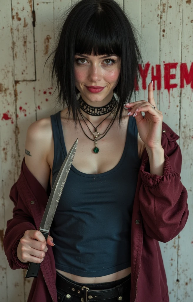 The image shows a young woman with striking blue eyes and wavy red hair, a sarcastic smile who appears to have been involved in some type of fight or accident. She is holding a large metal ax with blood on it, which suggests she may have used it for self-defense or as a weapon. Her costume consists of a black leather jacket over a large cleavage with large breasts, and there is visible dirt or debris on her face and clothing, indicating that the scene may be outdoors or in an unkempt environment. The background is a solid color, which puts the focus entirely on her and the axe.