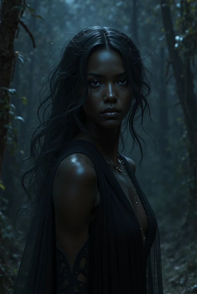 dark tanned a beautiful very dark tanned woman with perfect and detailed eyes, orange-hair, beautiful detailed lips, extremely detailed eyes and face, long eyelashes, intricate facial features, Porcelain skin, elegant expression, Mysterious look, cinematic lighting, high quality 3d rendering, photorealistic, hyperdetailed, masterpiece, Digital art, Conceptual art, Generate a full body image of a sexy dark tanned native American girl in underwear, with the body composed of a dense fog. The fog should be thick and detailed, forming the curves of the body in a mysterious and suggestive way. The face must be visible, but the rest of the body must appear ethereal and nebulous, merging with the environment in a soft and elegant way. The background must be a dark forest, with dark trees and an eerie atmosphere. The image must have a very deep depth of field, making the girl in the foreground stand out clearly against the blurry forest background