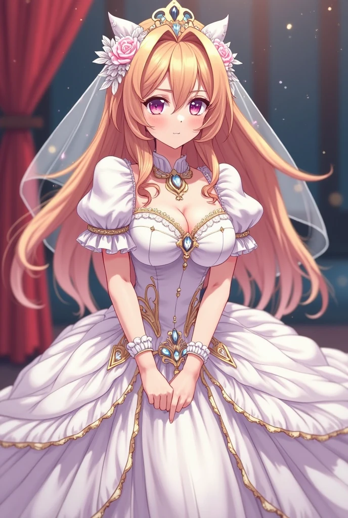 Pose: 1girl, masterpiece, highres, sonicedges_rias_gremory leaning against a wall with one shoulder, legs crossed at the ankles.
Expression: Soft, confident smile with eyes looking into the camera.
Attire: Elegant ((wedding dress, bridal veil, wedding, bouquet))that complements the glamorous setting.
Hair: Styled to cascade over one shoulder, with light waves.
Makeup: Subtle yet elegant, with emphasis on the eyes and lips.
Background: A softly blurred wedding church.
Lighting: Warm, soft lighting that highlights the woman's features and adds a glow to her skin.
Accessories: Minimal, such as a pair of delicate earrings or a simple necklace.
Mood: Elegant, confident, and slightly mysterious.